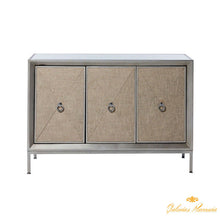 Cargar imagen en el visor de la galería, Gabinete gris plateado con cubierta de espejo y 3 compartimentos cubiertos de lino.