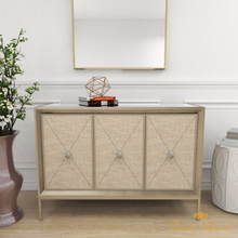 Cargar imagen en el visor de la galería, Gabinete gris plateado con cubierta de espejo y 3 compartimentos cubiertos de lino.