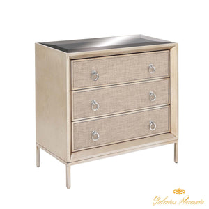 Gabinete de madera y metal con top de espejo.