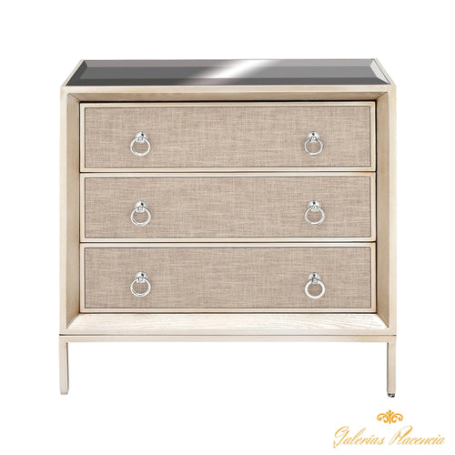 Gabinete de madera y metal con top de espejo.