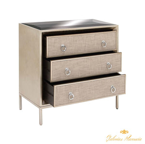 Gabinete de madera y metal con top de espejo.