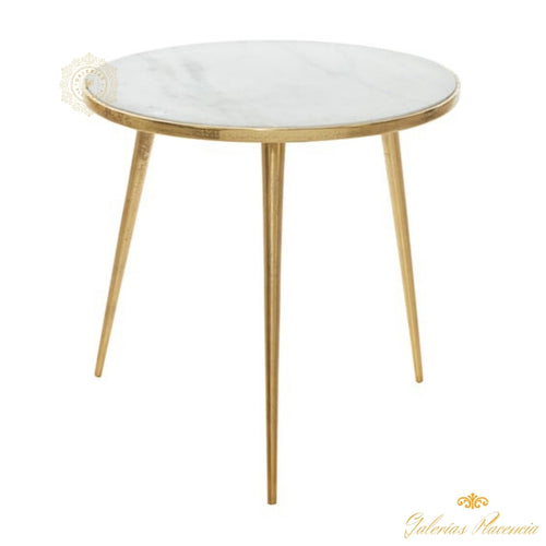 Mesa decorativa moderna de aluminio dorado y mármol blanco