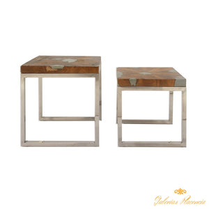 Juego de mesa auxiliar de aluminio y teca,  de 2 piezas