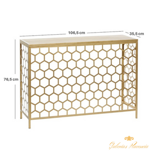 Consola contemporánea de metal dorado. Diseño colmena