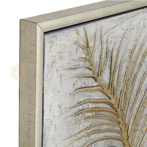 Pintura acrílica de hojas de palmera de hoja metálica estilo glam en marco rectangular de madera metálizada