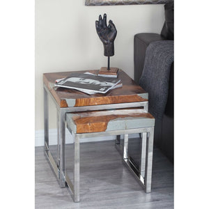 Juego de mesa auxiliar de aluminio y teca,  de 2 piezas