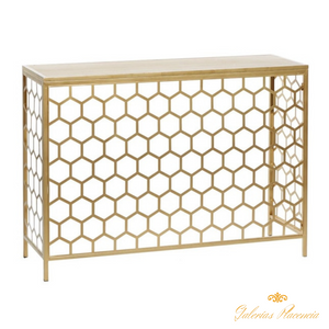 Consola contemporánea de metal dorado. Diseño colmena