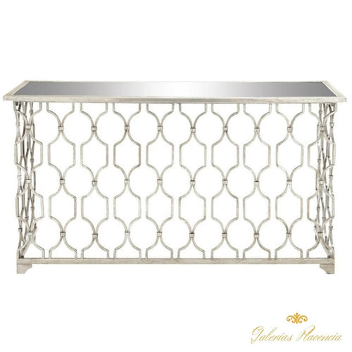 Mesa de consola de hierro texturizado moderna y top de vidrio