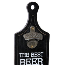 Cargar imagen en el visor de la galería, Decoración de pared de cocina rectangular de madera y metal con abridor de botellas.