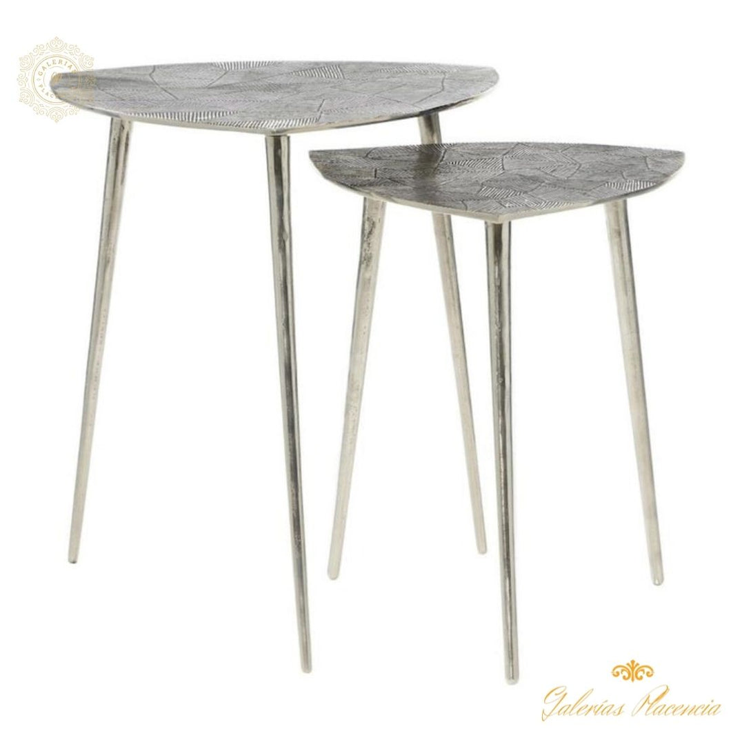 Set de mesas de aluminio con tablero labrado color plata