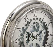 Cargar imagen en el visor de la galería, Reloj de pared, diseño de engranajes a la vista en metal cromado.