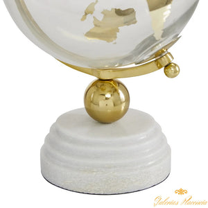 Globo terráqueo de vidrio, aluminio dorado y Mármol Blanco