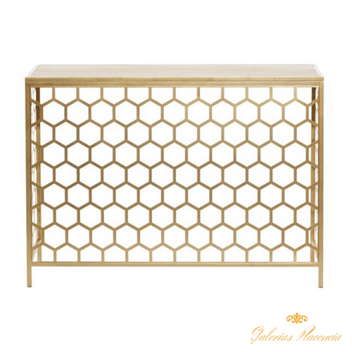 Consola contemporánea de metal dorado. Diseño colmena