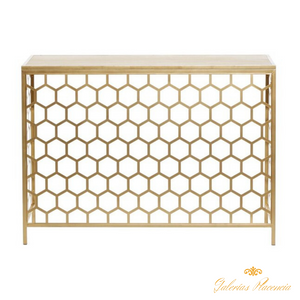 Consola contemporánea de metal dorado. Diseño colmena