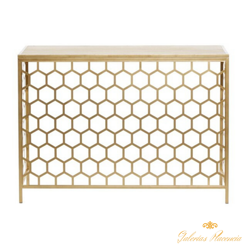 Consola contemporánea de metal dorado. Diseño colmena